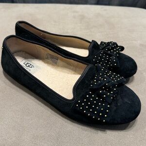 UGG Alloway Black Suede Leather Studded Bow Flats 7.5 fur